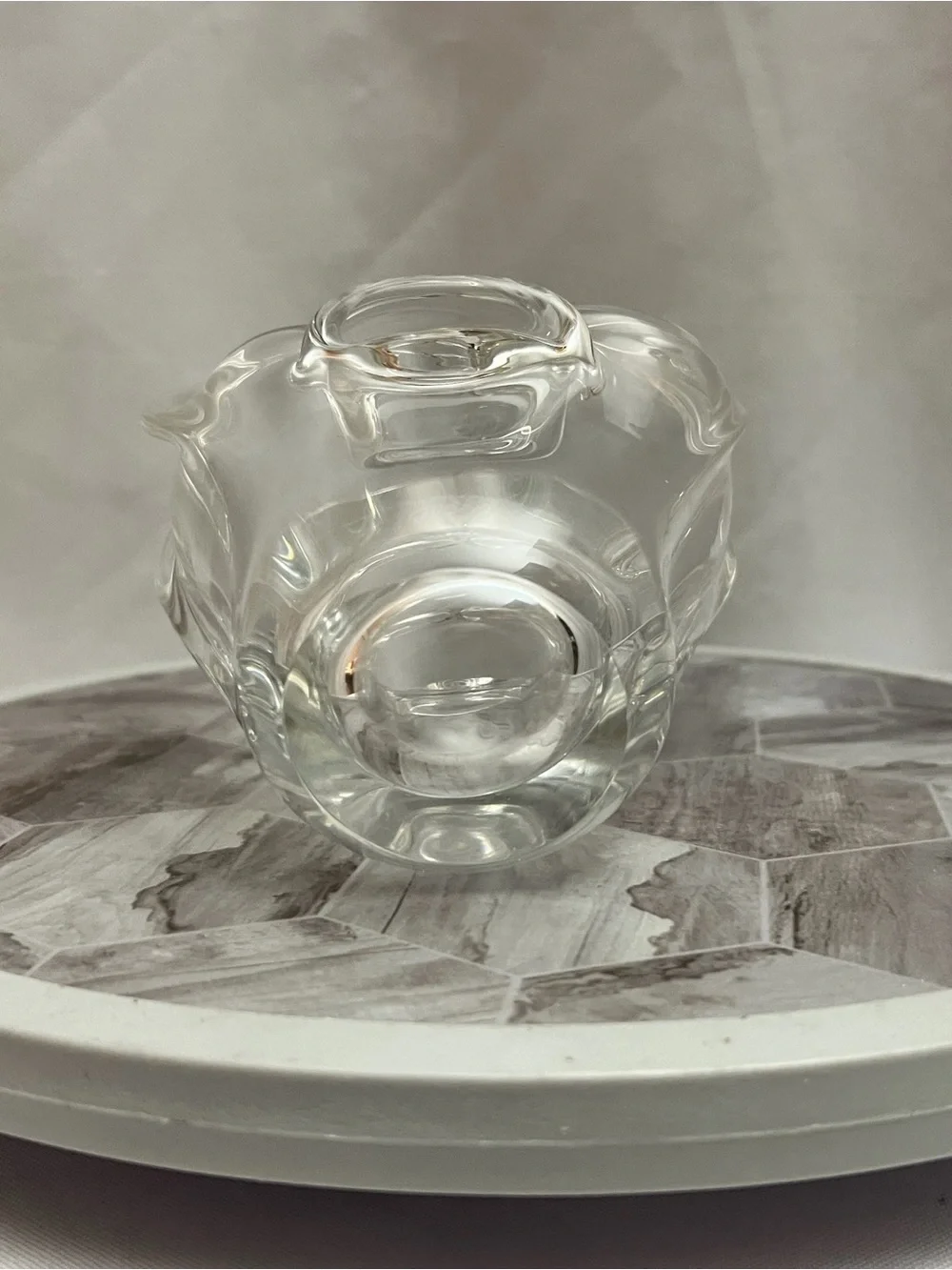 Vintage Clear Art Glass Crystal Basket Hand Blown Sculptural Decor 7”